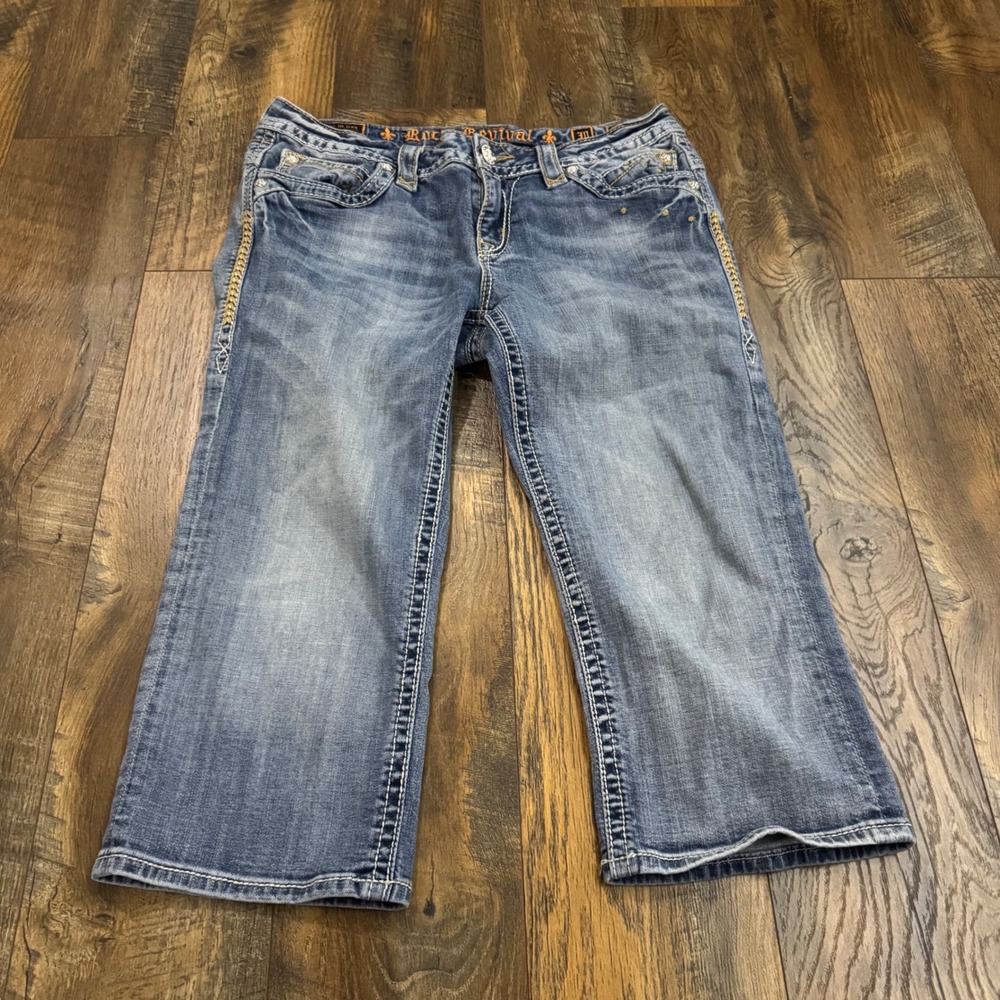Rock Revival‎ Johanna Capri Women's 30 Medium Wash Embroidered Stretch Jeans Y2K
